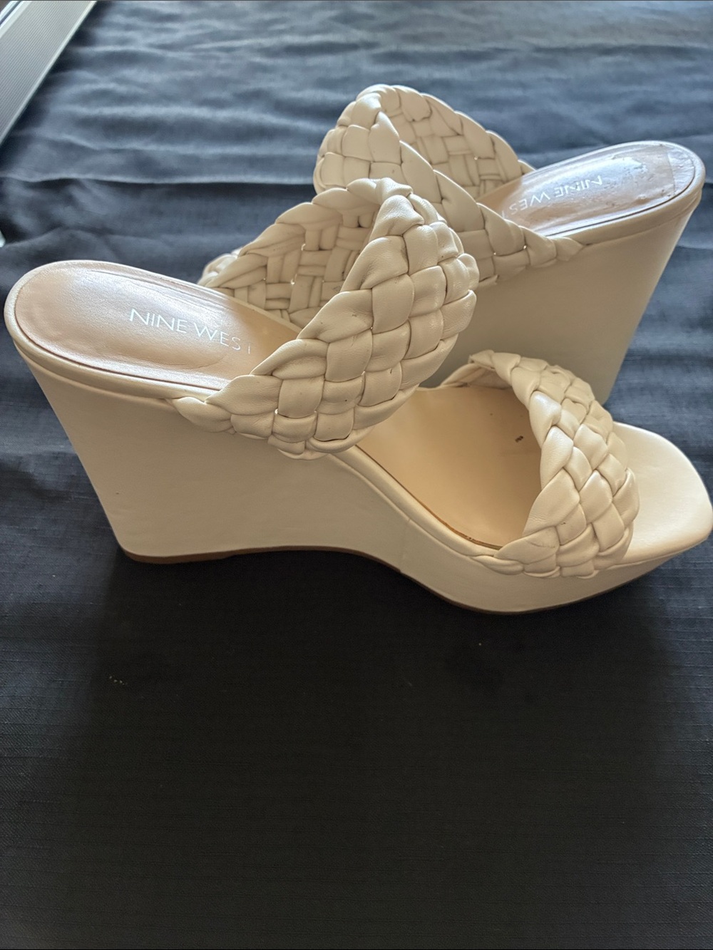 Nine West Cream Braided Double-Strap Wedge Sandals